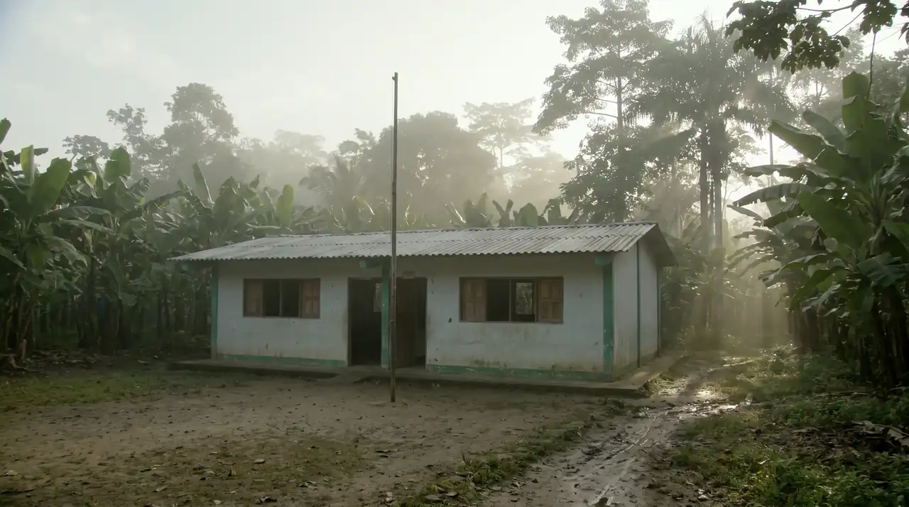 Una escuela rural de una planta, pintada de blanco y verde, entre bananales y árboles con neblina de madrugada.